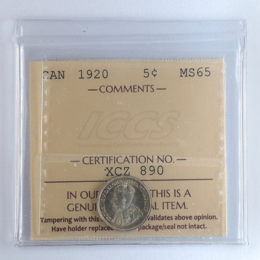 1920 Canada 5-cents ICCS Certified MS65 (XCZ 890)