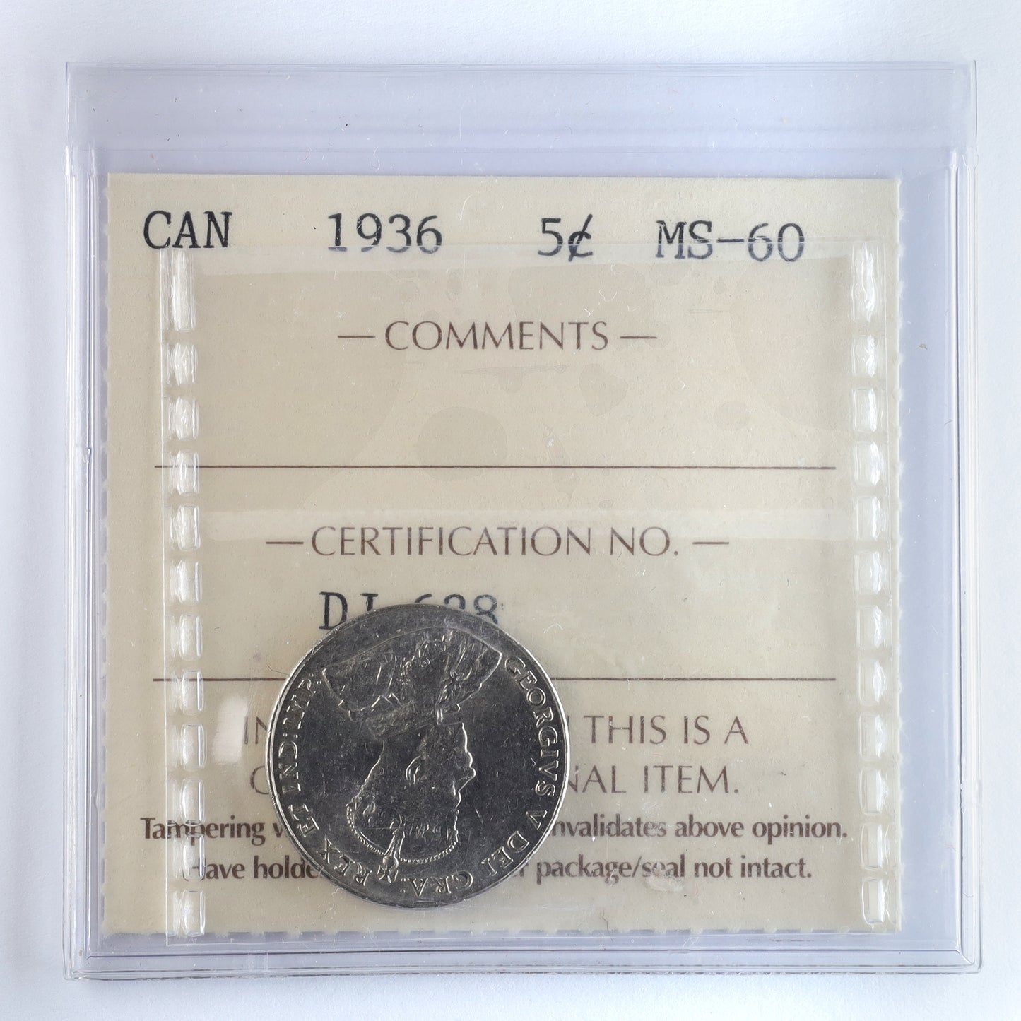 1936 Canada 5-cents ICCS Certified MS60