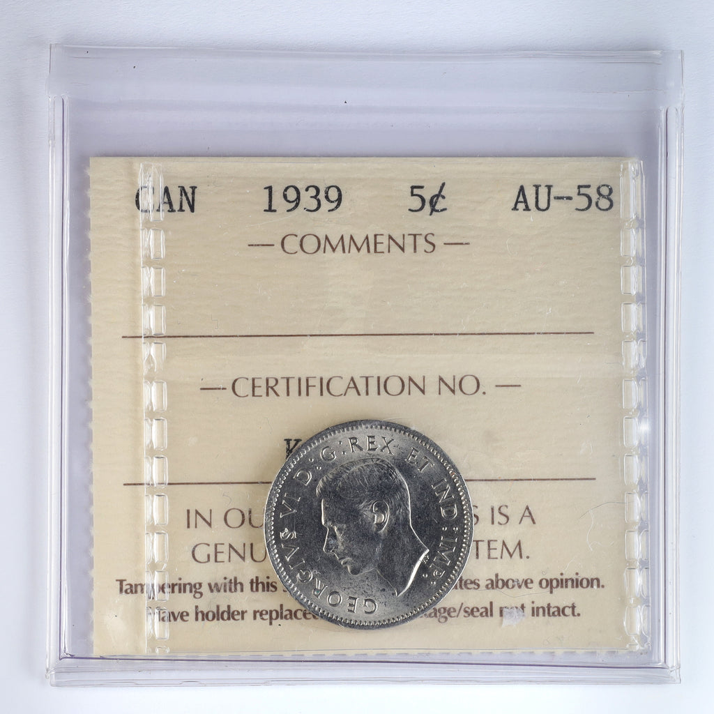 1939 Canada 5-cents ICCS Certified AU58