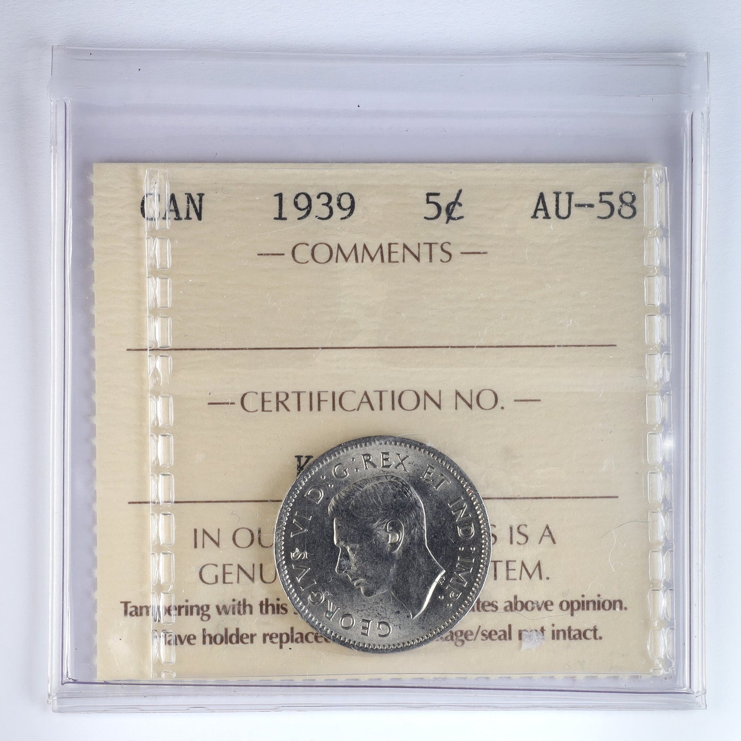 1939 Canada 5-cents ICCS Certified AU58