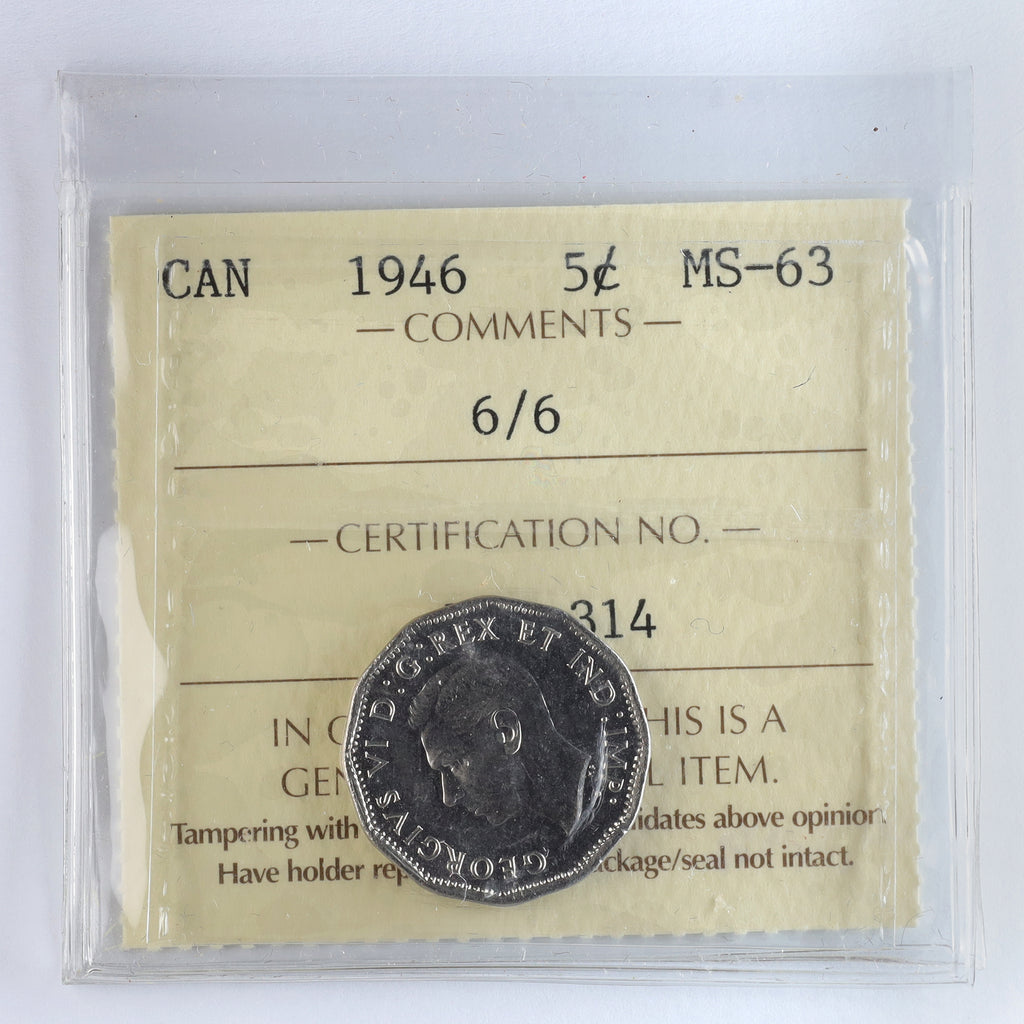 1946 6/6 Canada 5-cents ICCS Certified MS63