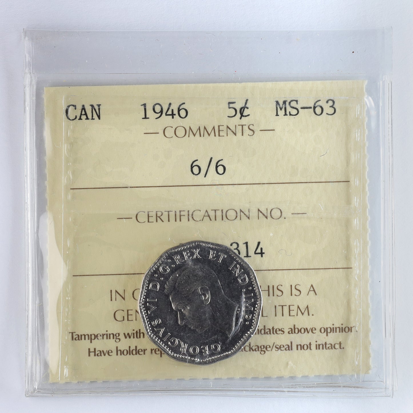 1946 6/6 Canada 5-cents ICCS Certified MS63