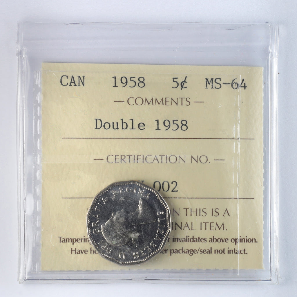 1958 Double 1958 Canada 5-cents ICCS Certified MS64