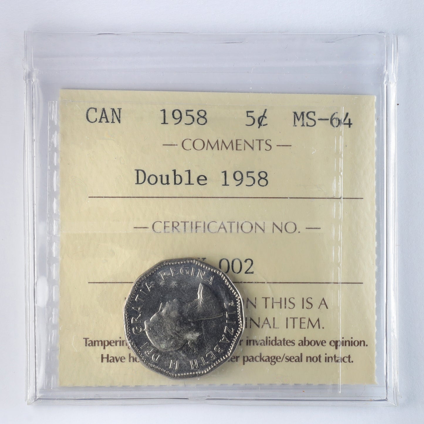 1958 Double 1958 Canada 5-cents ICCS Certified MS64