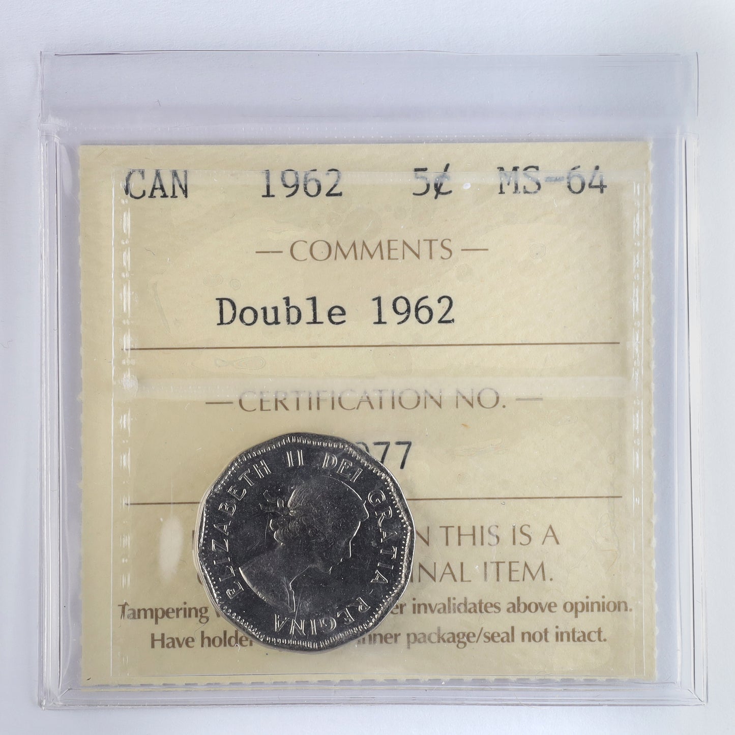 1962 Double 1962 Canada 5-cents ICCS Certified MS64
