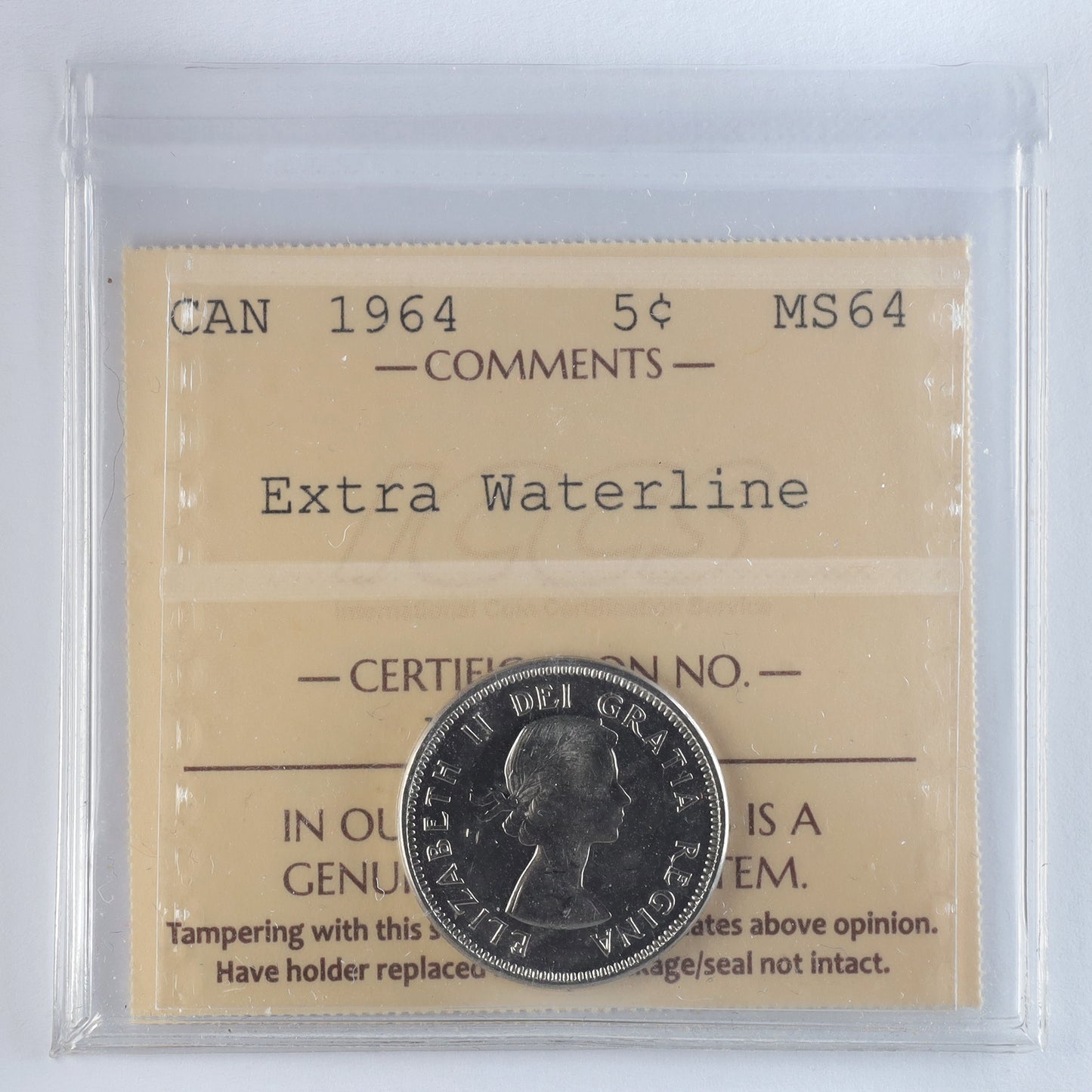 1964 Extra Waterline Canada 5-cents ICCS Certified MS64