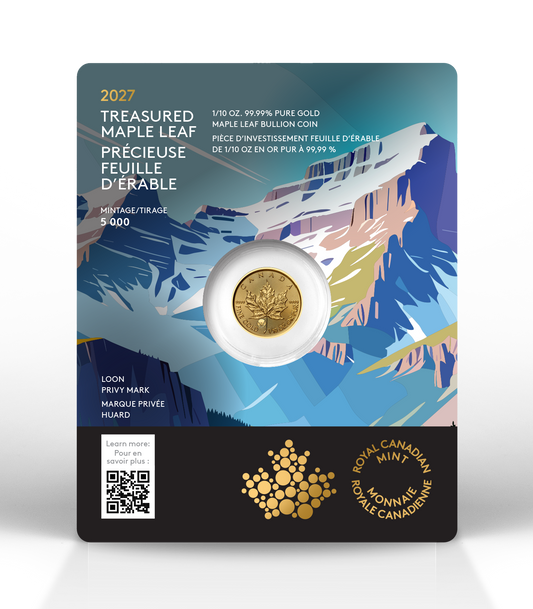 2027 Canada $5 Treasured Gold Maple Leaf Loon Privy (Premium Bullion) 1/10oz. Pure Gold (No Tax)