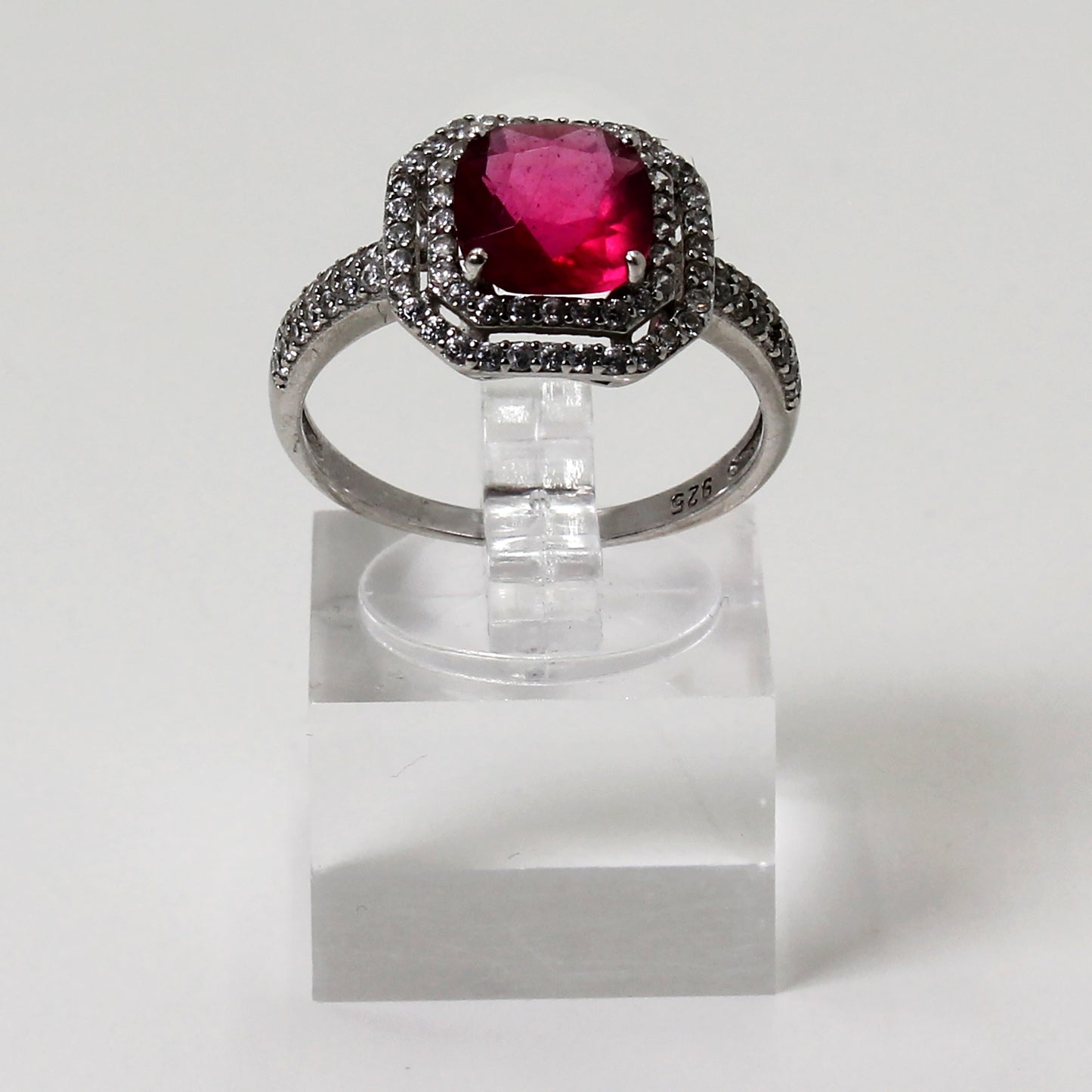 Sterling Silver Red Stone Halo Ring  - 9