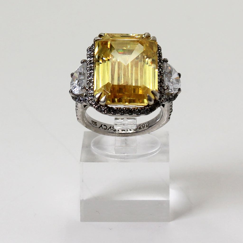 Sterling Silver Yellow Stone Trinity Halo Ring - 5 1/2
