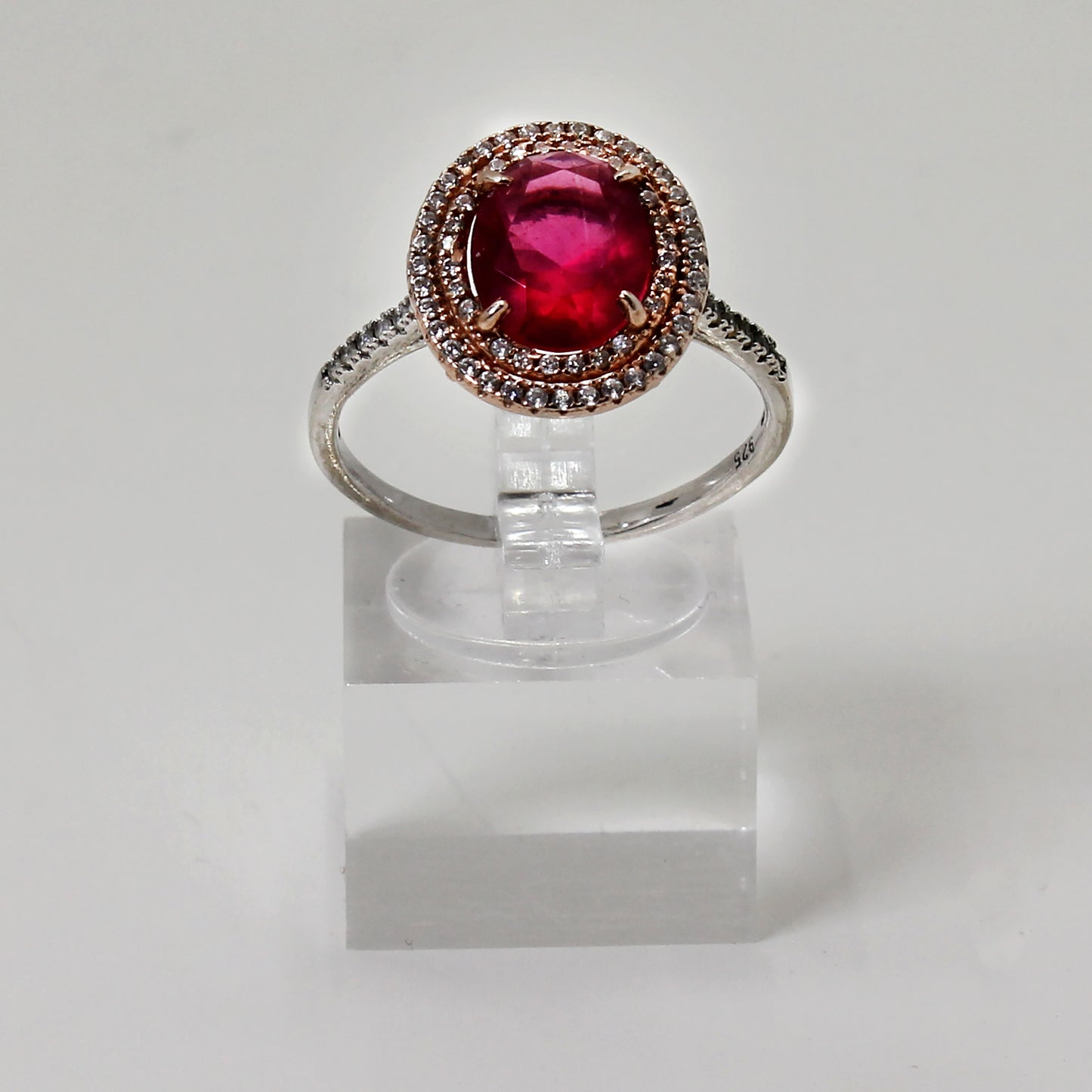 Sterling Silver Red Stone Halo Ring  - 10