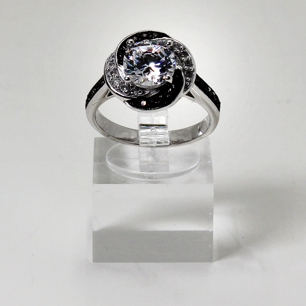 Sterling Silver Clear & Black Stone Halo Ring - 8