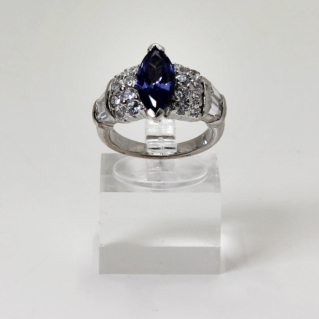 Sterling Silver Blue & Clear Stone Marquise Ring - 6