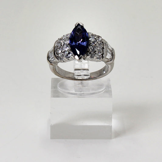 Sterling Silver Blue & Clear Stone Marquise Ring - 6