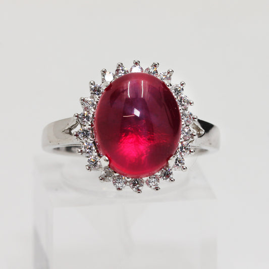 Sterling Silver Pink Cabochon Halo Ring - Size 8