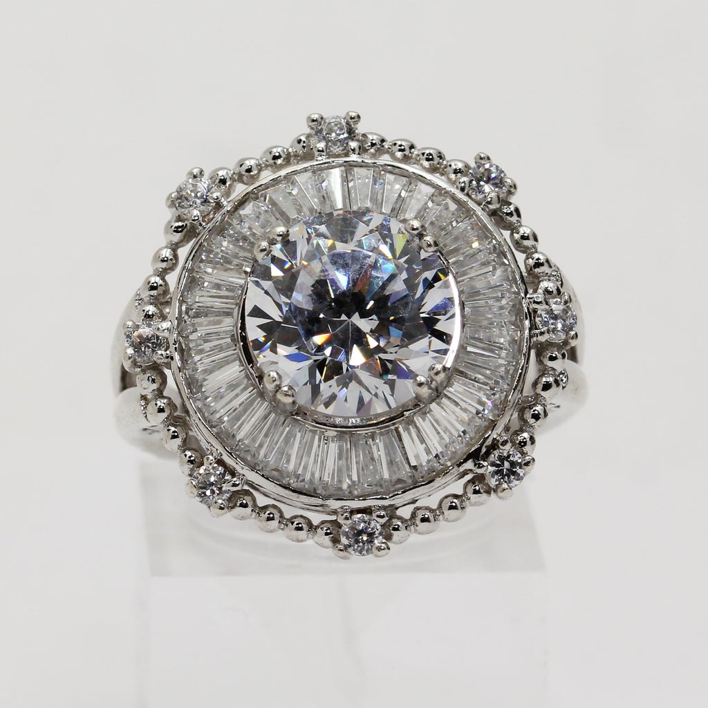 Sterling Silver Art-Deco Inspired Double Halo Cocktail Ring - Size 8