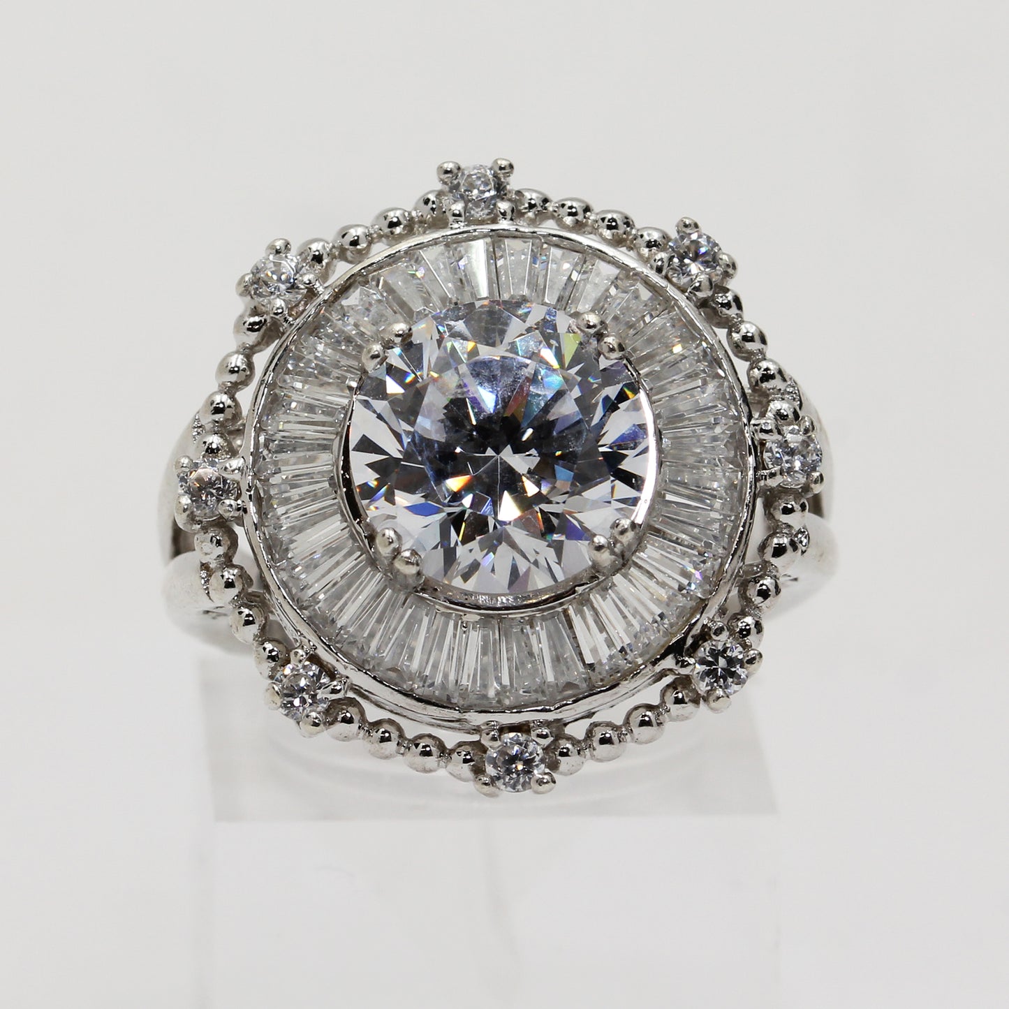 Sterling Silver Art-Deco Inspired Double Halo Cocktail Ring - Size 8