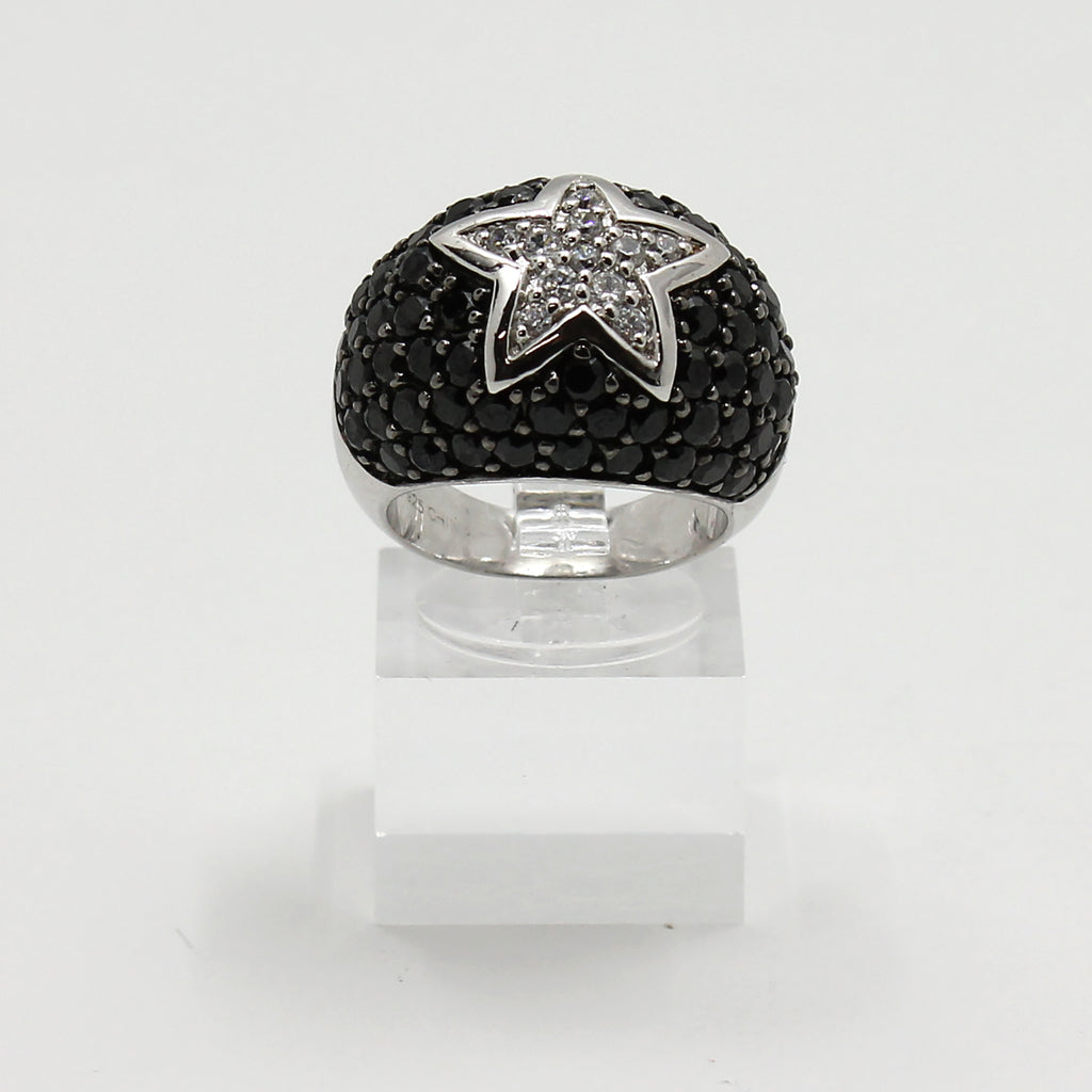 Sterling Silver 'Midnight Star' Pave Ring w Black & Clear Stones - Size 7