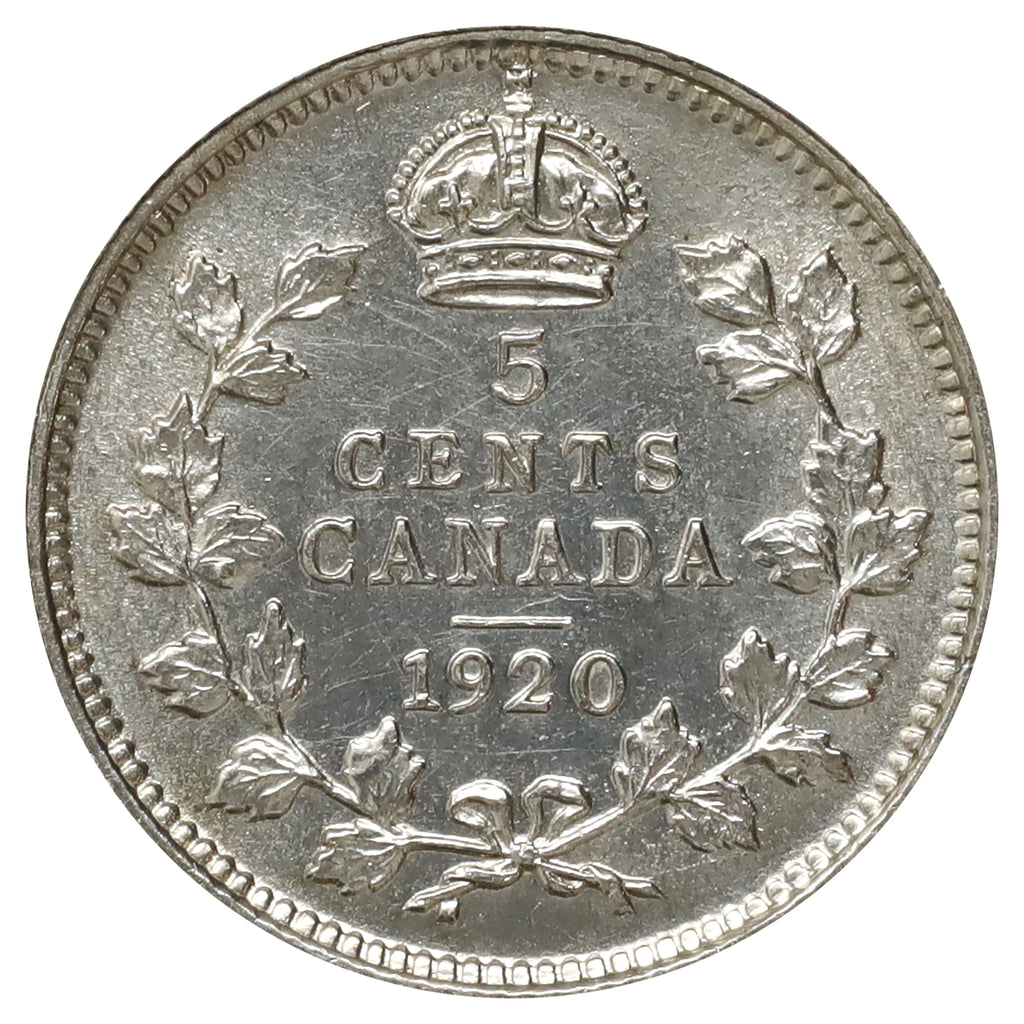 1920 Canada 5-cents AU-UNC (AU55) Scratched, cleaned, or impaired