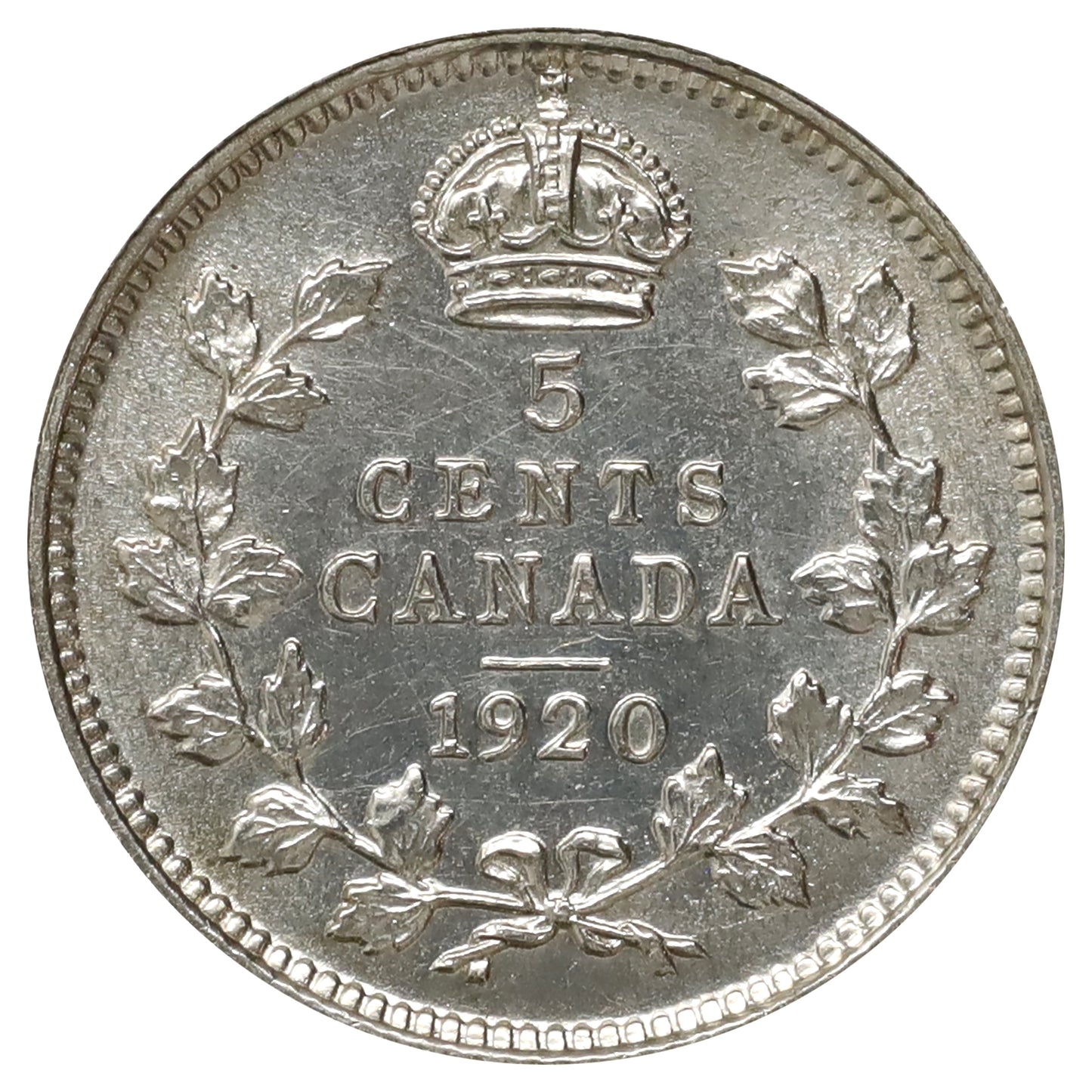 1920 Canada 5-cents AU-UNC (AU55) Scratched, cleaned, or impaired