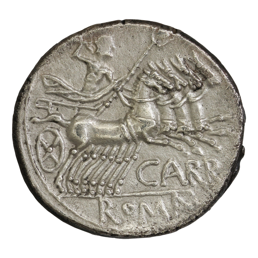Ancient Roman Republic 121B Jupiter in Quadriga Papirius Carbo Silver Denarius Extra Fine (EF40)