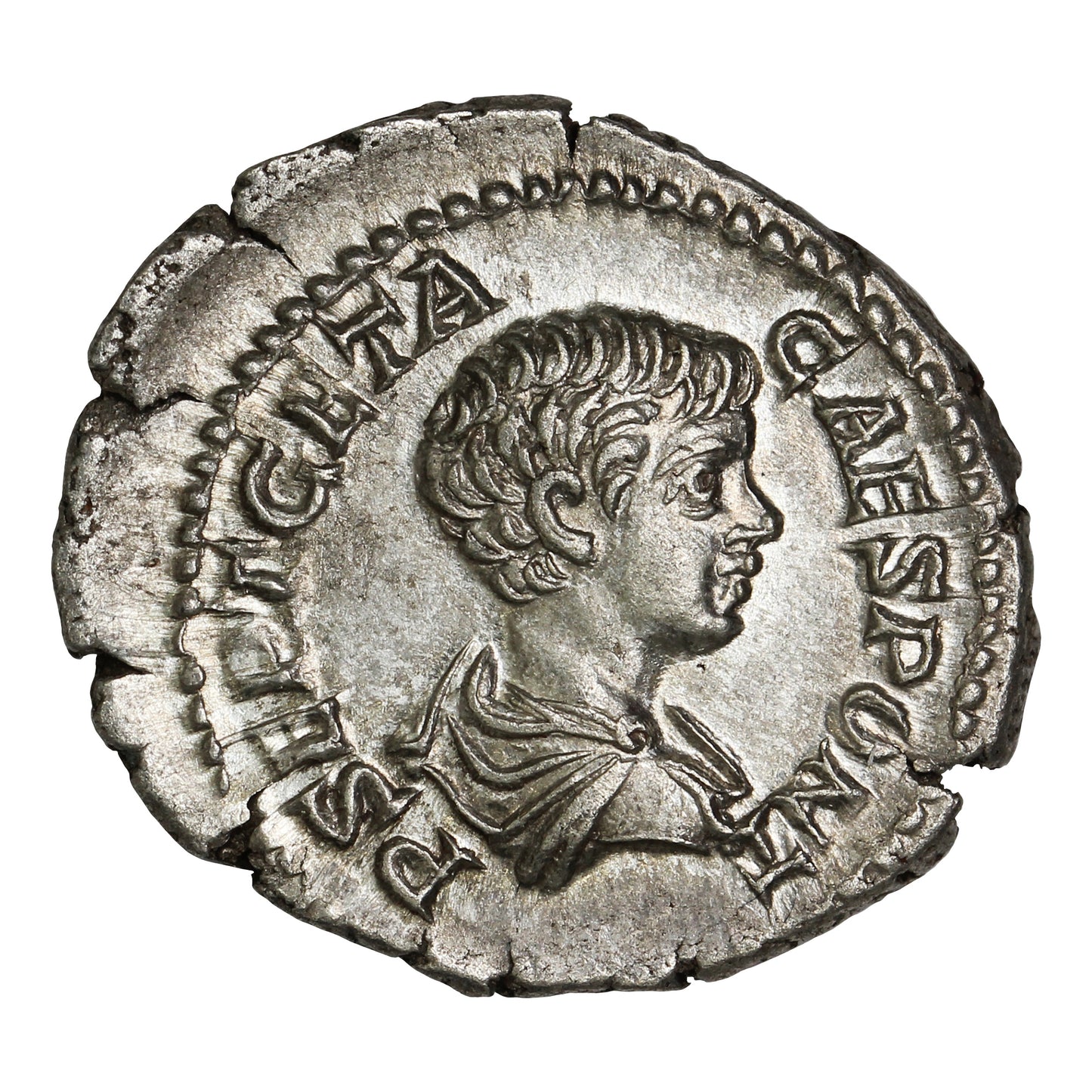 Ancient Rome 203AD Young Portrait, Felicitas Rev. Geta Silver Denarius AU-UNC (AU55)