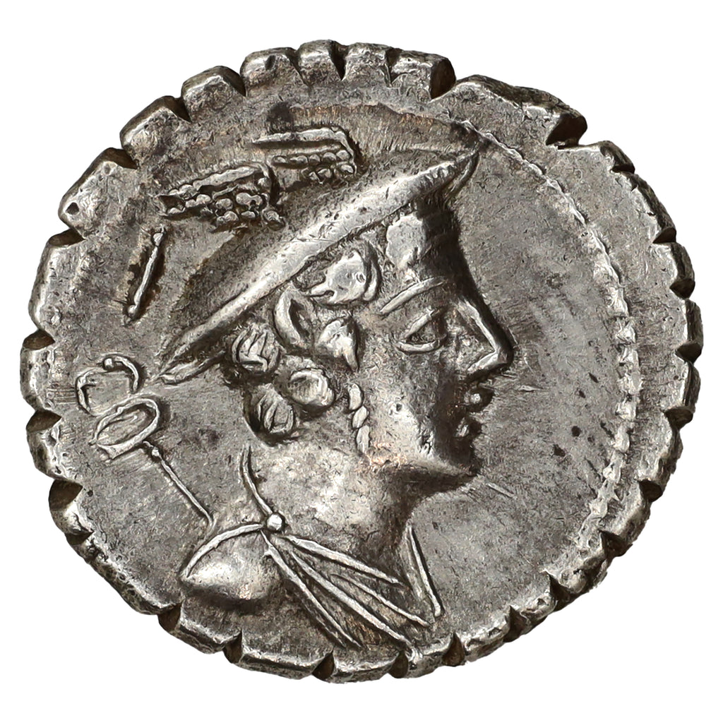 Ancient Roman Republic 82 BC Mercury, Limetanus Silver Denarius Serratus Almost UNC (AU50)
