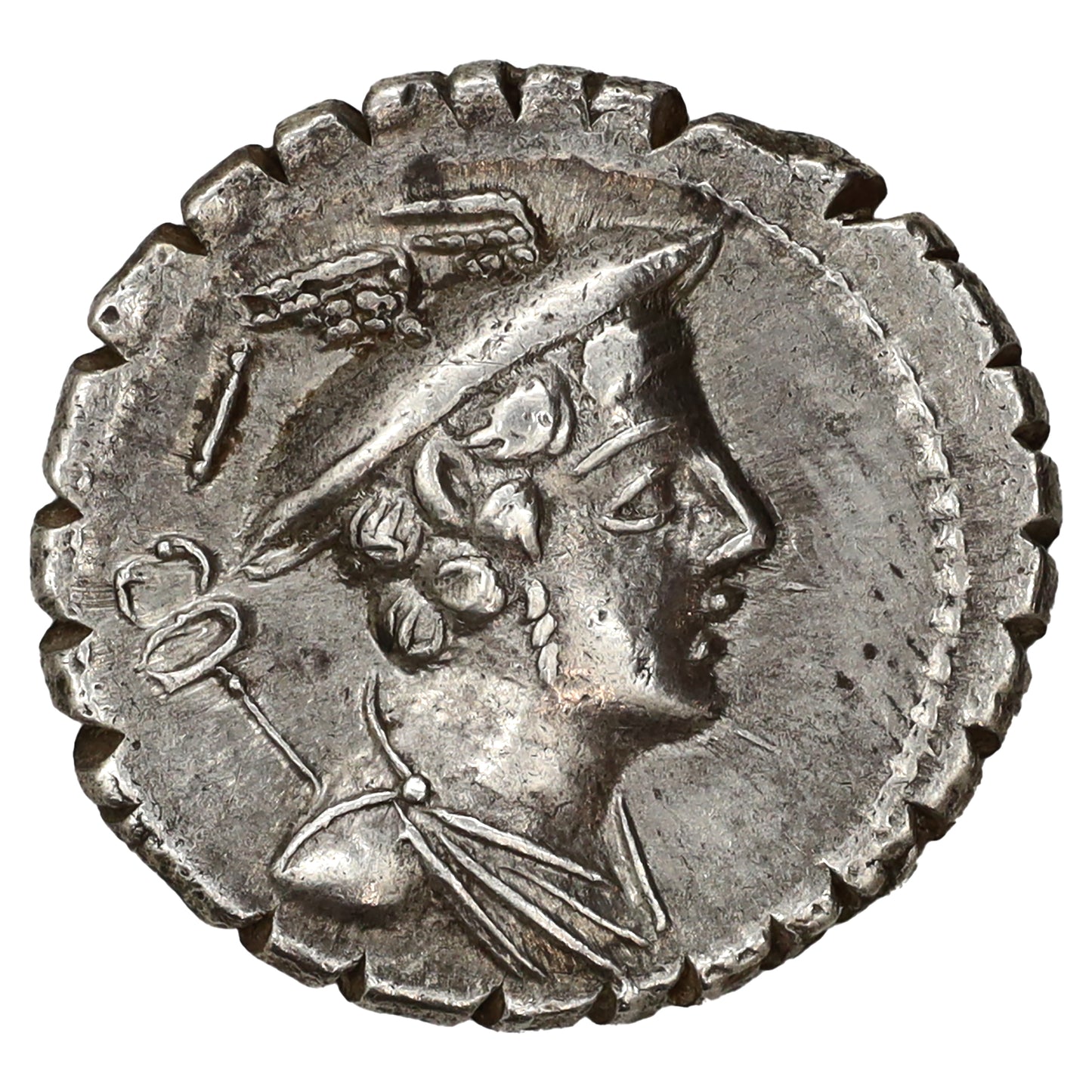 Ancient Roman Republic 82 BC Mercury, Limetanus Silver Denarius Serratus Almost UNC (AU50)