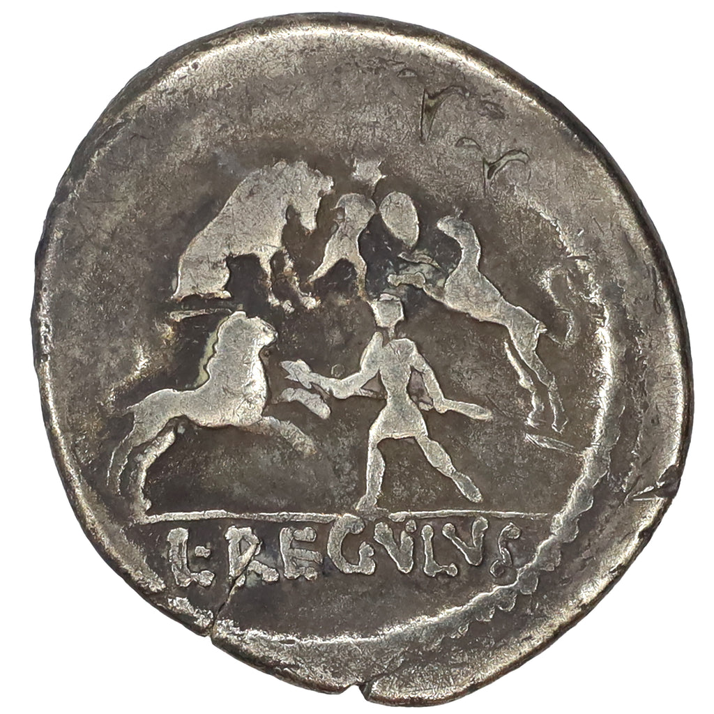 Ancient Rome 42 BC Gladiators L. Livineius Regulus Silver Denarius Fine (F12)