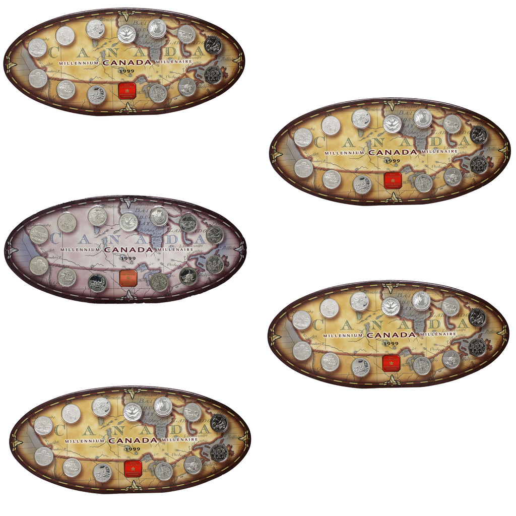 Lot of 5x 1999 Canada 25-cent Millennium Sets in Oval Boards, 5Pcs (Impaired)