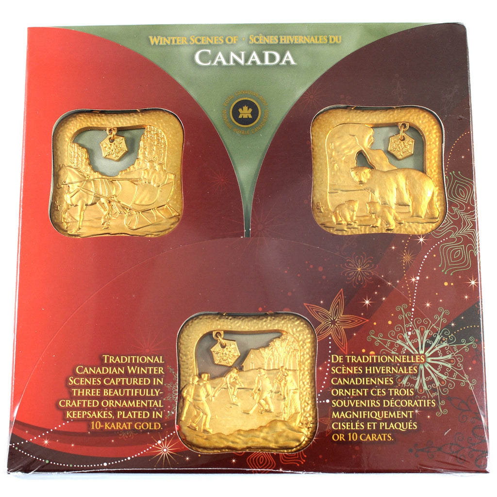 2008 Winter Scenes of Canada Set of 3 Gold-plated Ornaments by RCM (Lightly toned)