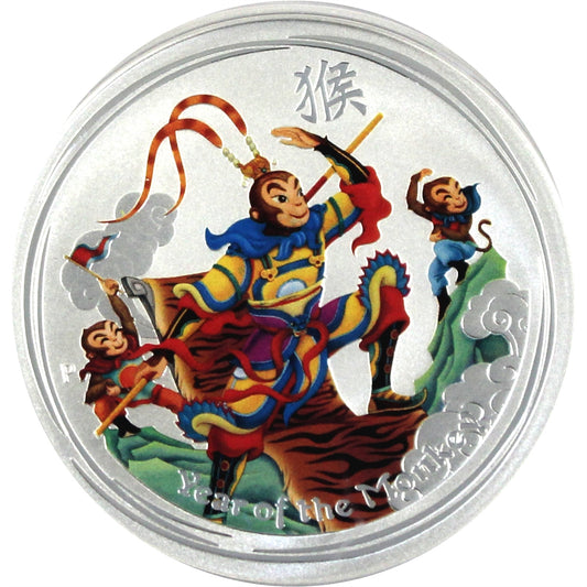 2016 Australia $1 Coloured Monkey King 1oz Silver (No Tax) Coin Only, Capsule Scr.