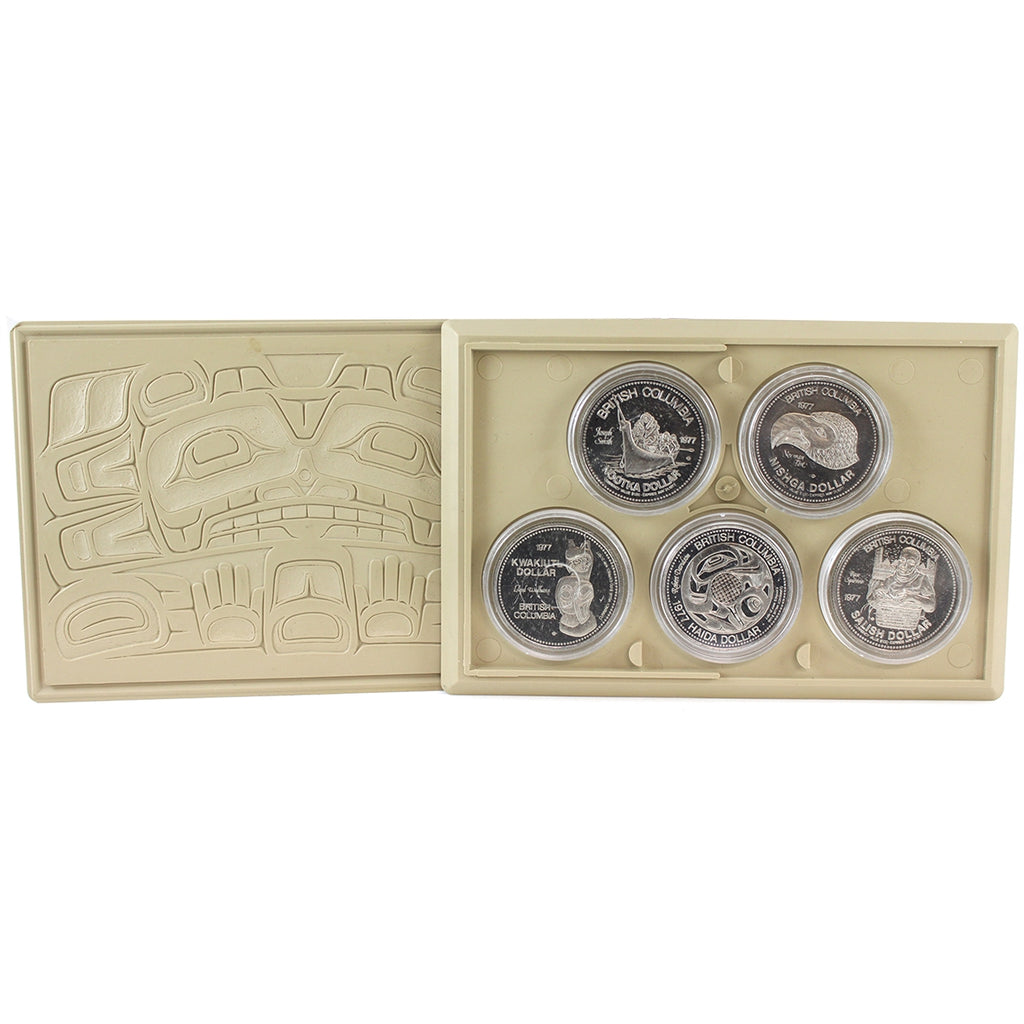 Set of 5x 1977 BC Indian Heritage Series I Nickel Medallions, 5Pcs in Case (Issues)