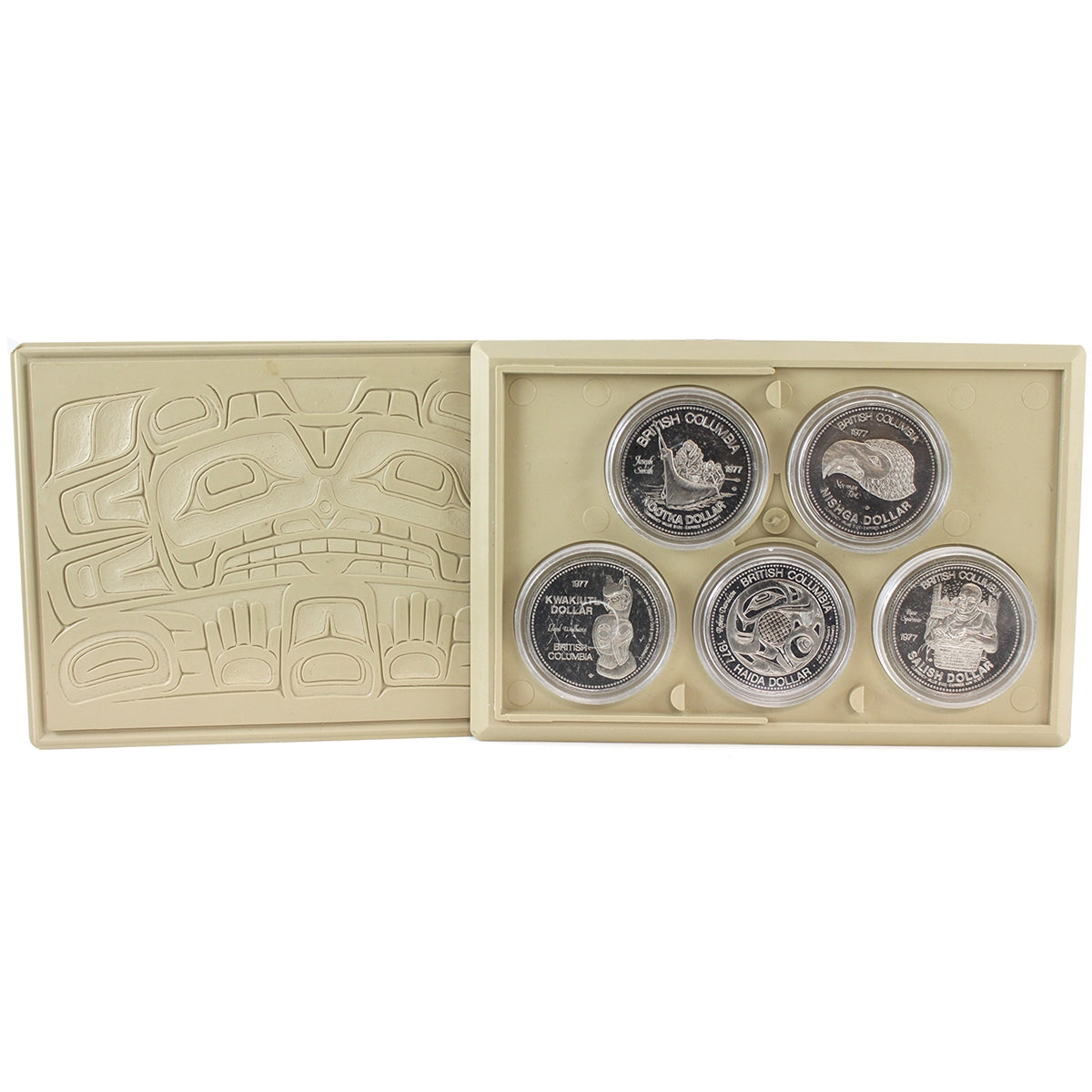 Set of 5x 1977 BC Indian Heritage Series I Nickel Medallions, 5Pcs in Case (Issues)