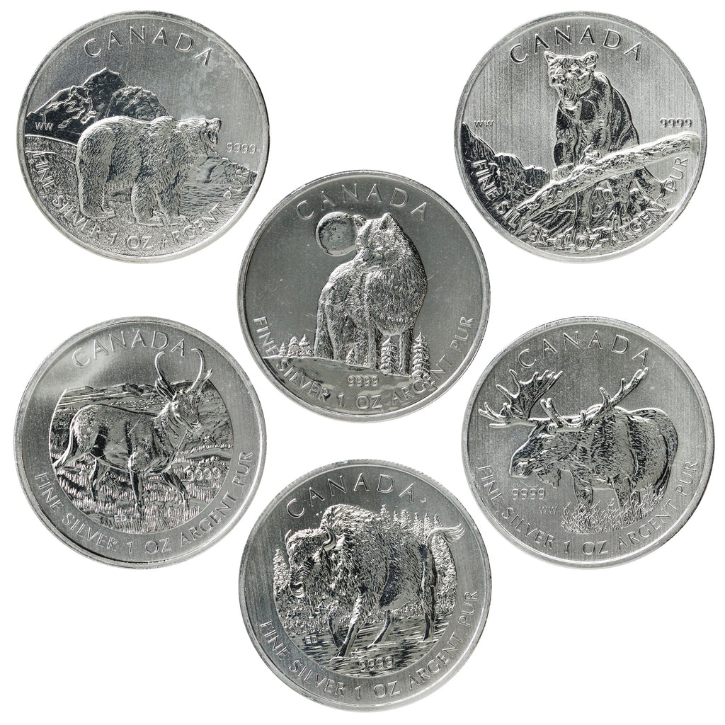 Lot of 6x 2011-2013 Canada $5 Wildlife 1oz. .999 Silver (No Tax) Lightly Toned. 6pcs