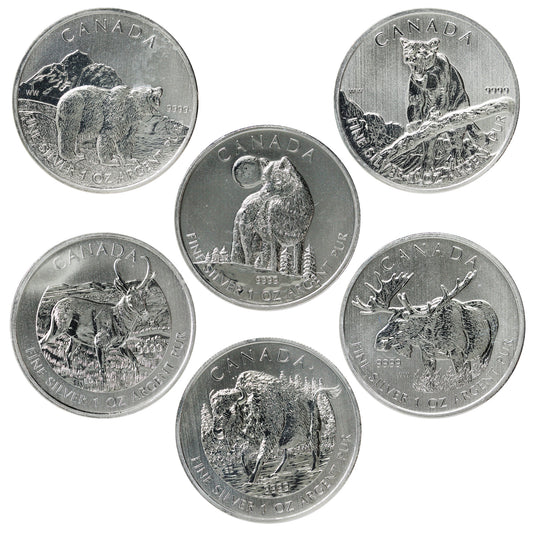Lot of 6x 2011-2013 Canada $5 Wildlife 1oz. .999 Silver (No Tax) Lightly Toned. 6pcs