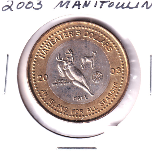 2003 Manitoulin, Ontario, Haweater 3 Dollars Trade Token: An Island for All Seasons - Fall