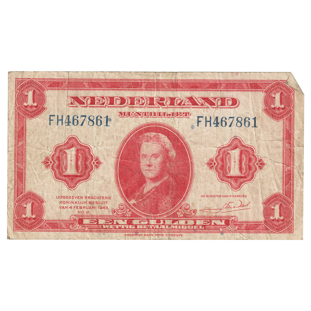 Netherlands 1943 1 Gulden Note, Pick #64a, VF
