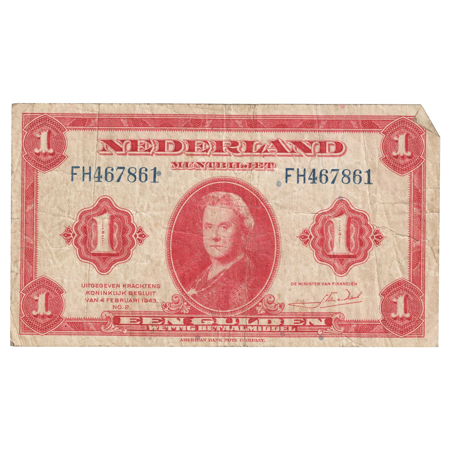 Netherlands 1943 1 Gulden Note, Pick #64a, VF