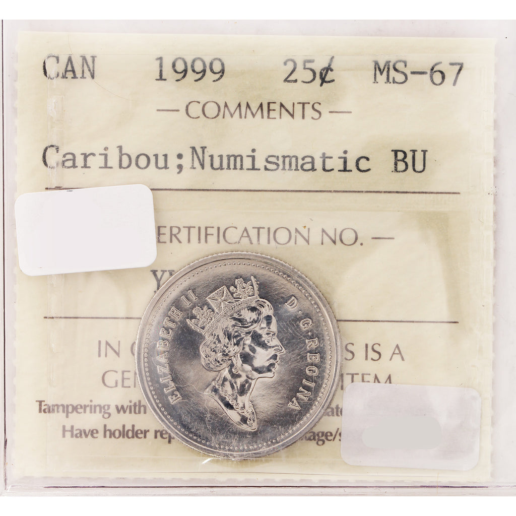 1999 Caribou Canada 25-cents ICCS Certified MS67 Numismatic BU (Toned)