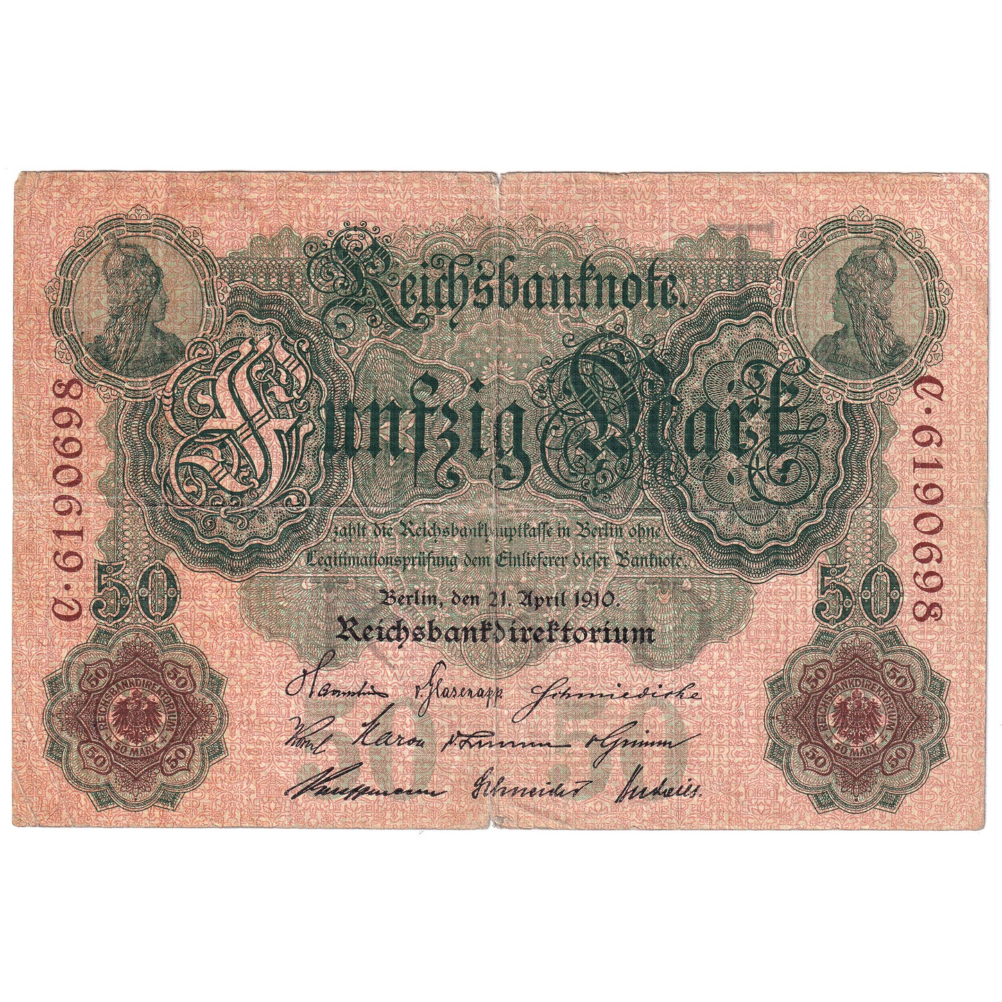 Germany 1910 50 Mark Note, Pick #41, F (Impaired)