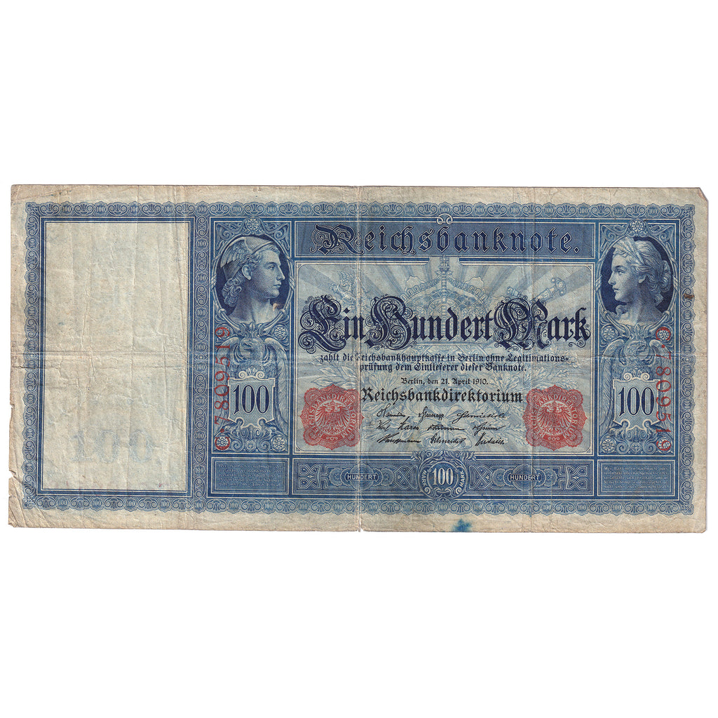 Germany 1910 100 Mark Note Red Seal, Pick #42, F-VF (Impaired)