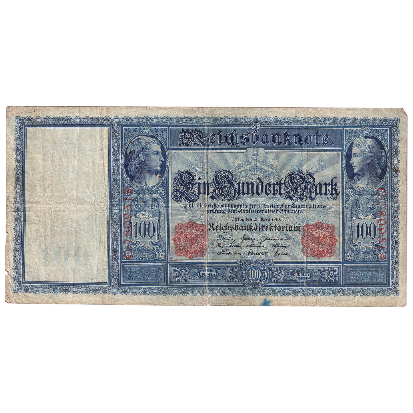 Germany 1910 100 Mark Note Red Seal, Pick #42, F-VF (Impaired)