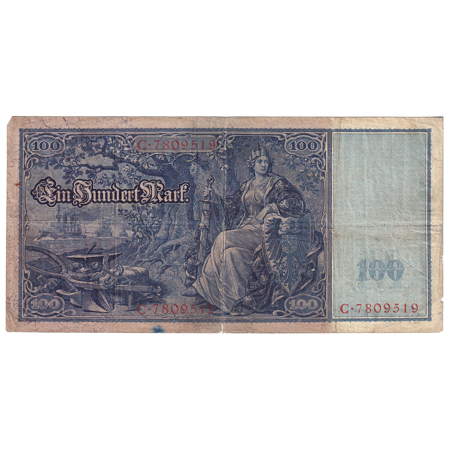 Germany 1910 100 Mark Note Red Seal, Pick #42, F-VF (Impaired)