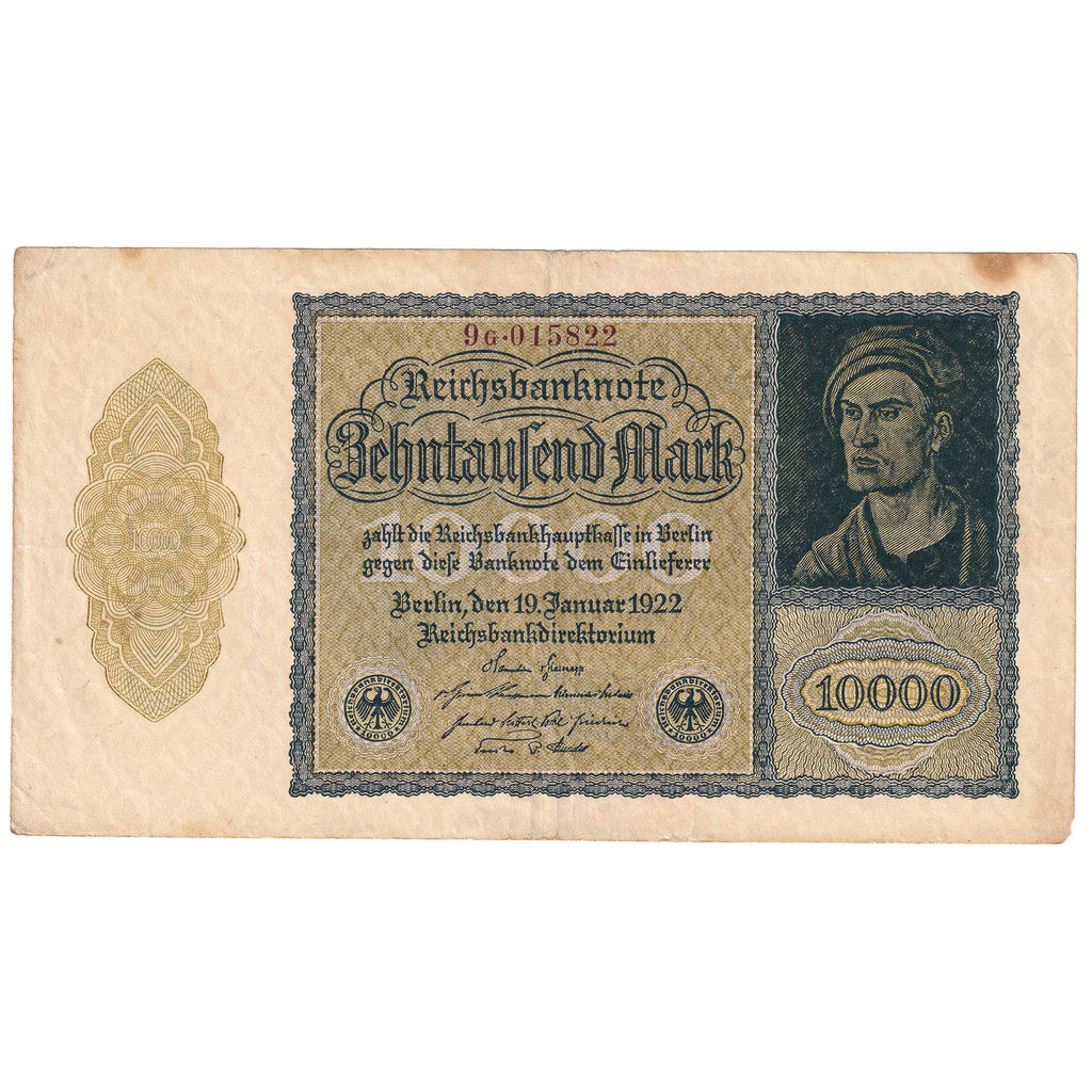 Germany 1922 10,000 Mark Note, Pick #72, EF (Impaired)