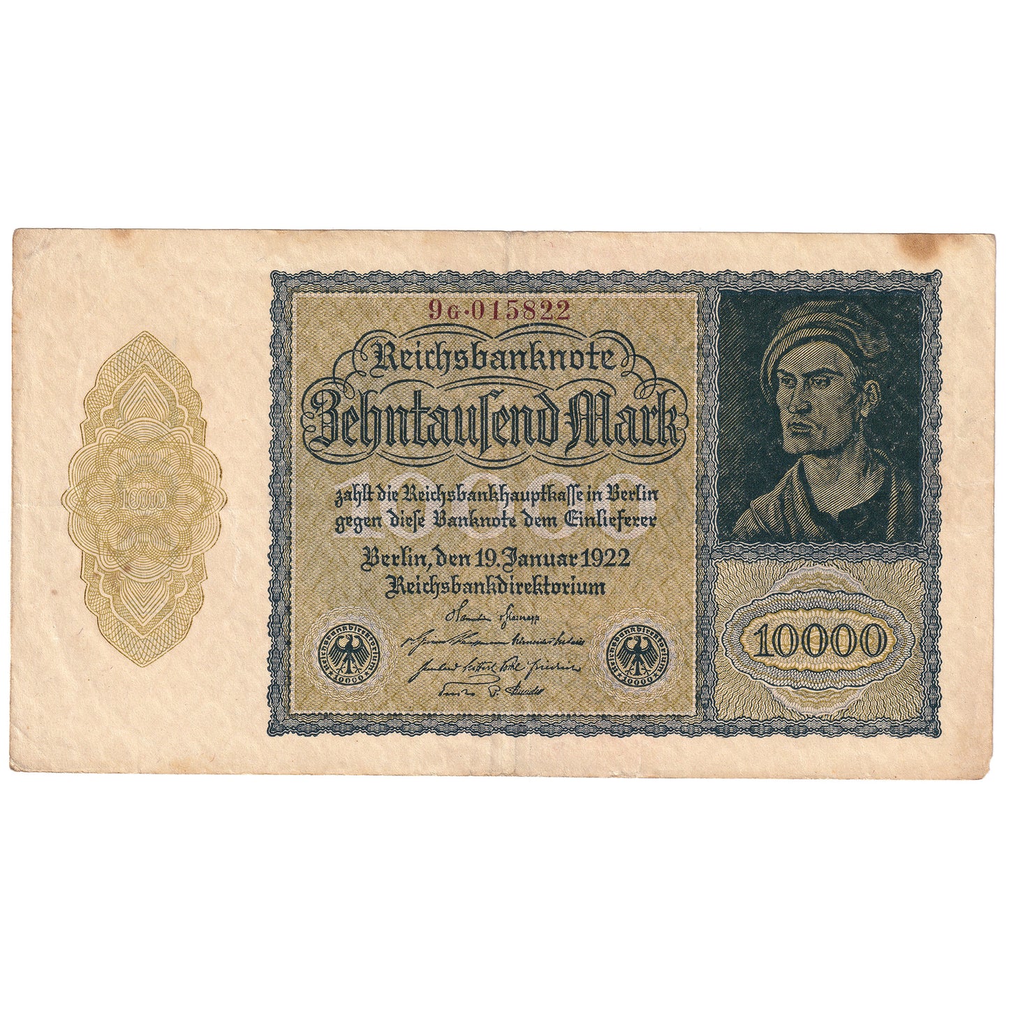 Germany 1922 10,000 Mark Note, Pick #72, EF (Impaired)