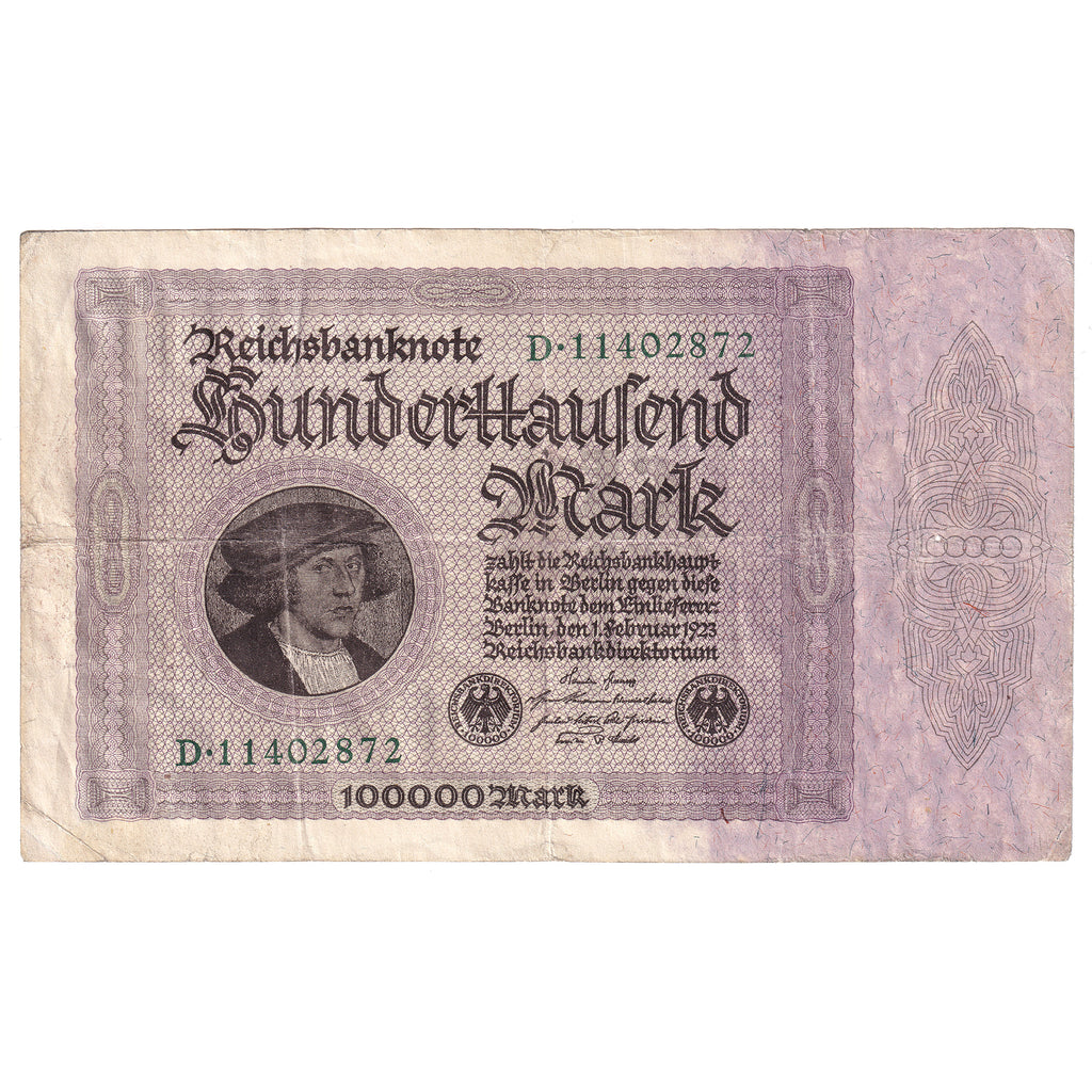 Germany 1923 100,000 Mark Note, W/O T, Pick #83a, VF-EF (Impaired)