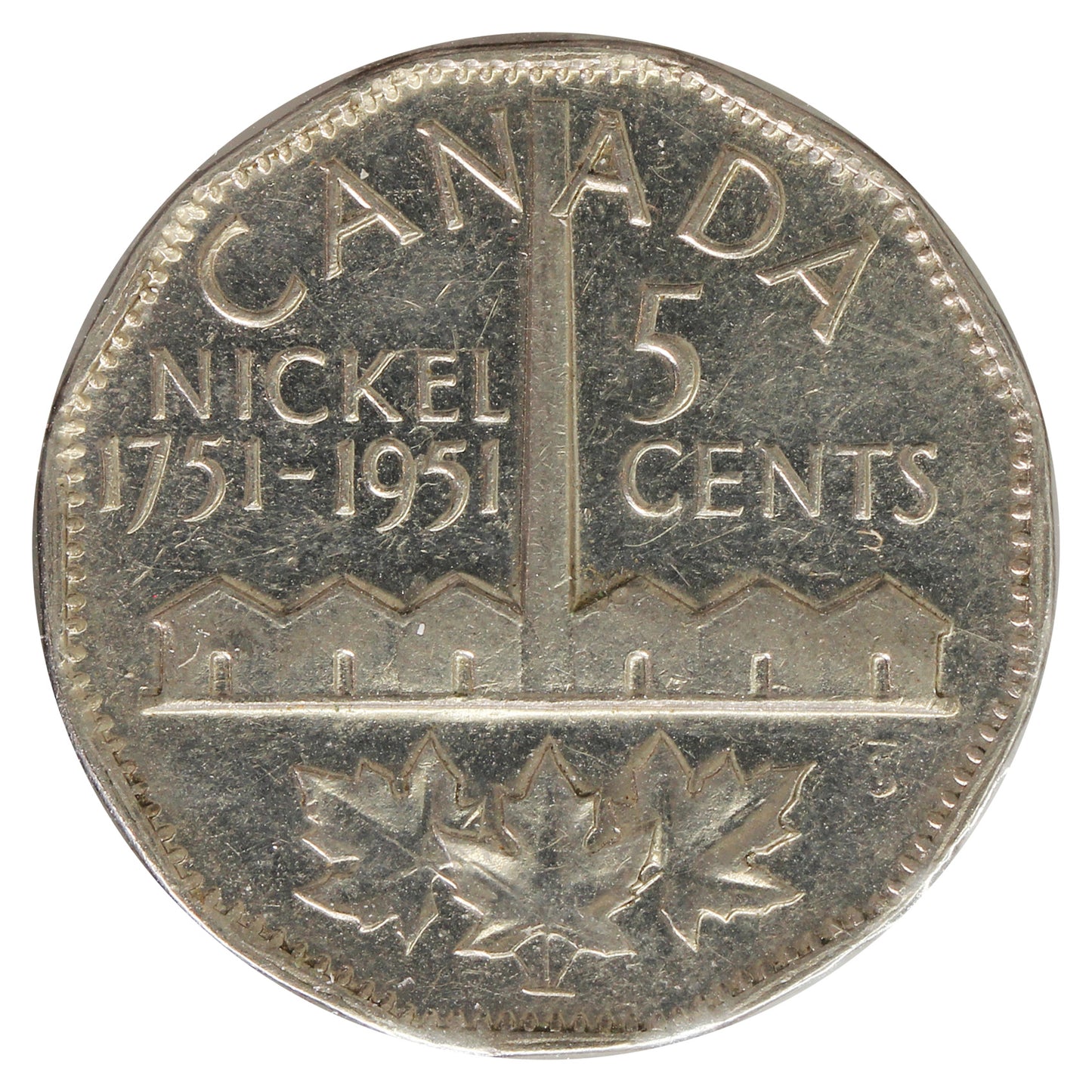 1951 Refinery Moon Half Moon Canada 5-cents Extra Fine (EF40) Scratched, Cleaned or Impaired