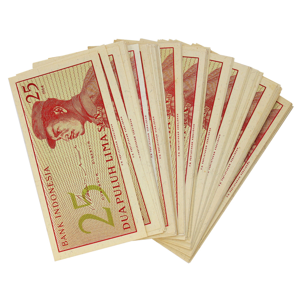 1964 Indonesia Original Bundles of 100 Notes, 25 Sen.