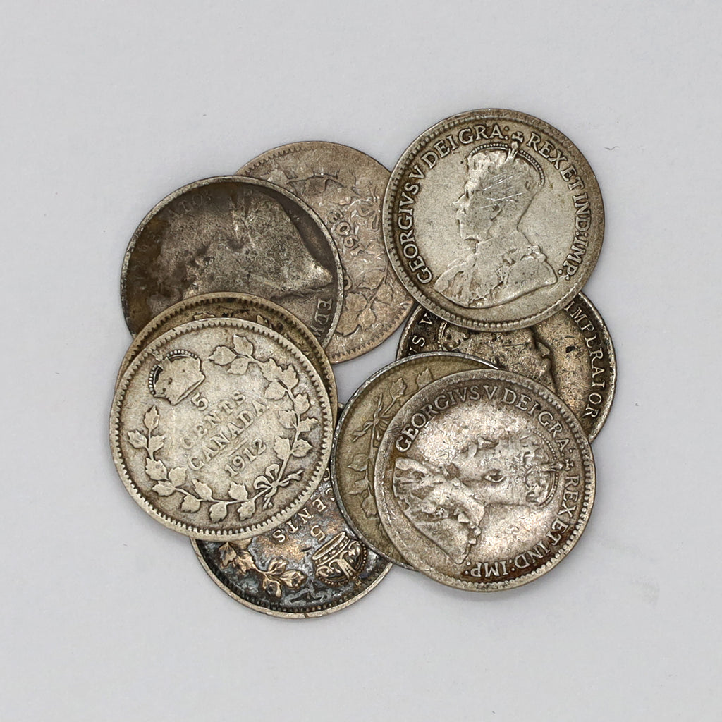 Group lot of 10x Canada Silver 5-cents 1902 to 1920 (Guaranteed all different dates). 10Pcs.