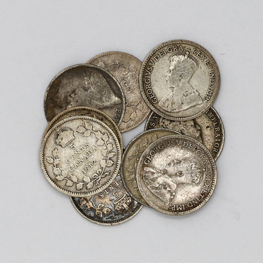 Group lot of 10x Canada Silver 5-cents 1902 to 1920 (Guaranteed all different dates). 10Pcs.